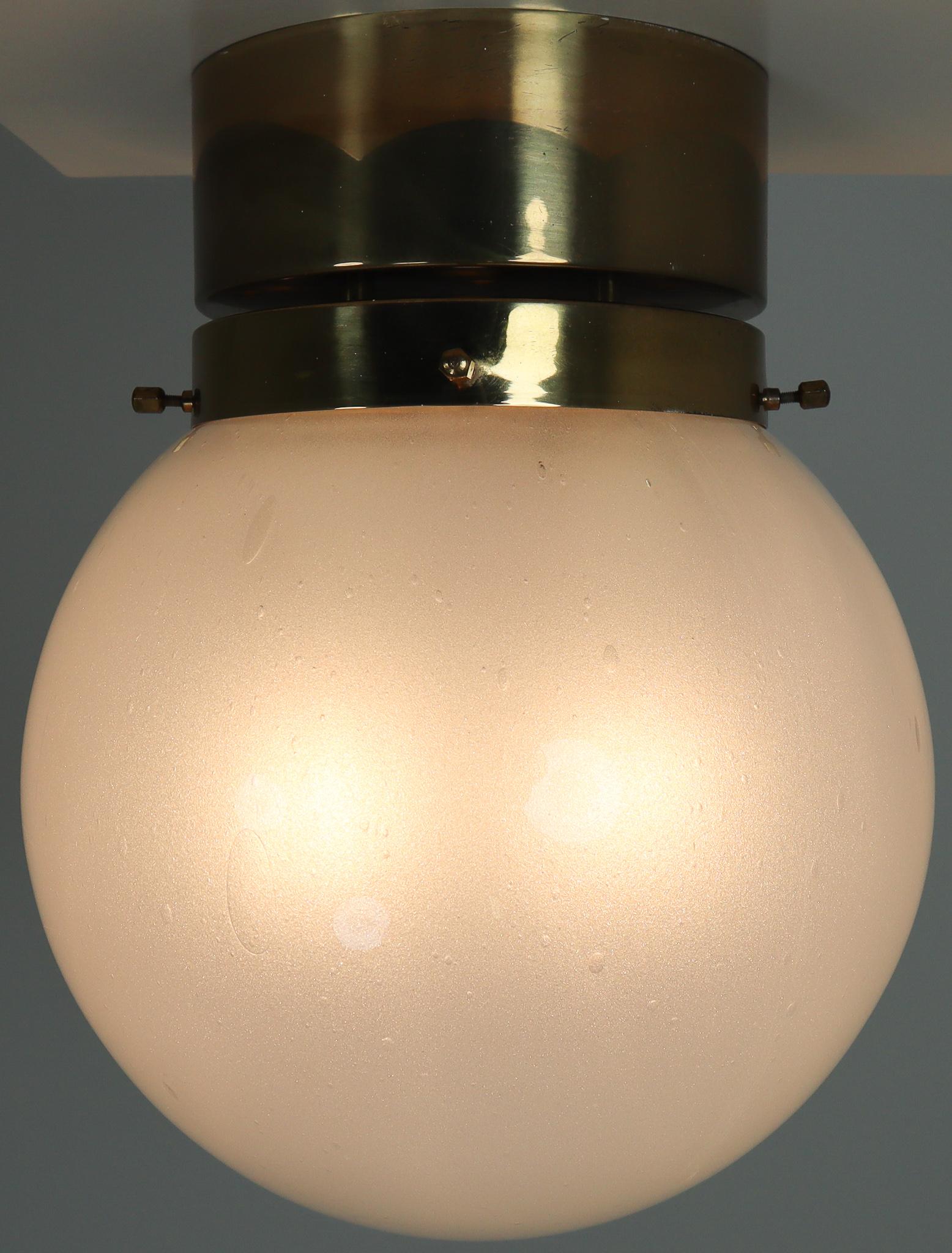 20th Century Midcentury Ceiling Light with Brass Frame and White Frosted Glass Globe, 1960s For Sale