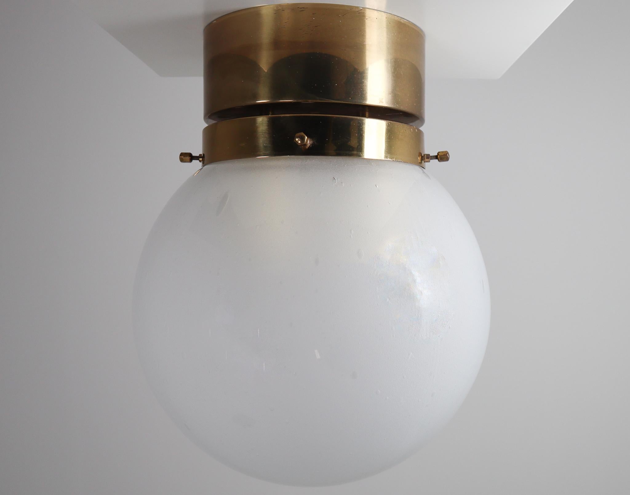 Midcentury Ceiling Light with Brass Frame and White Frosted Glass Globe, 1960s For Sale 1