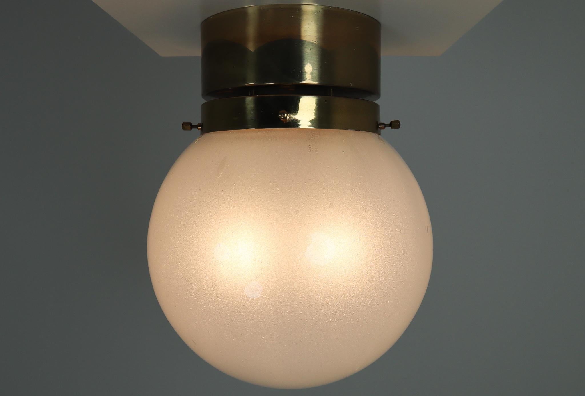 Midcentury Ceiling Light with Brass Frame and White Frosted Glass Globe, 1960s For Sale 2