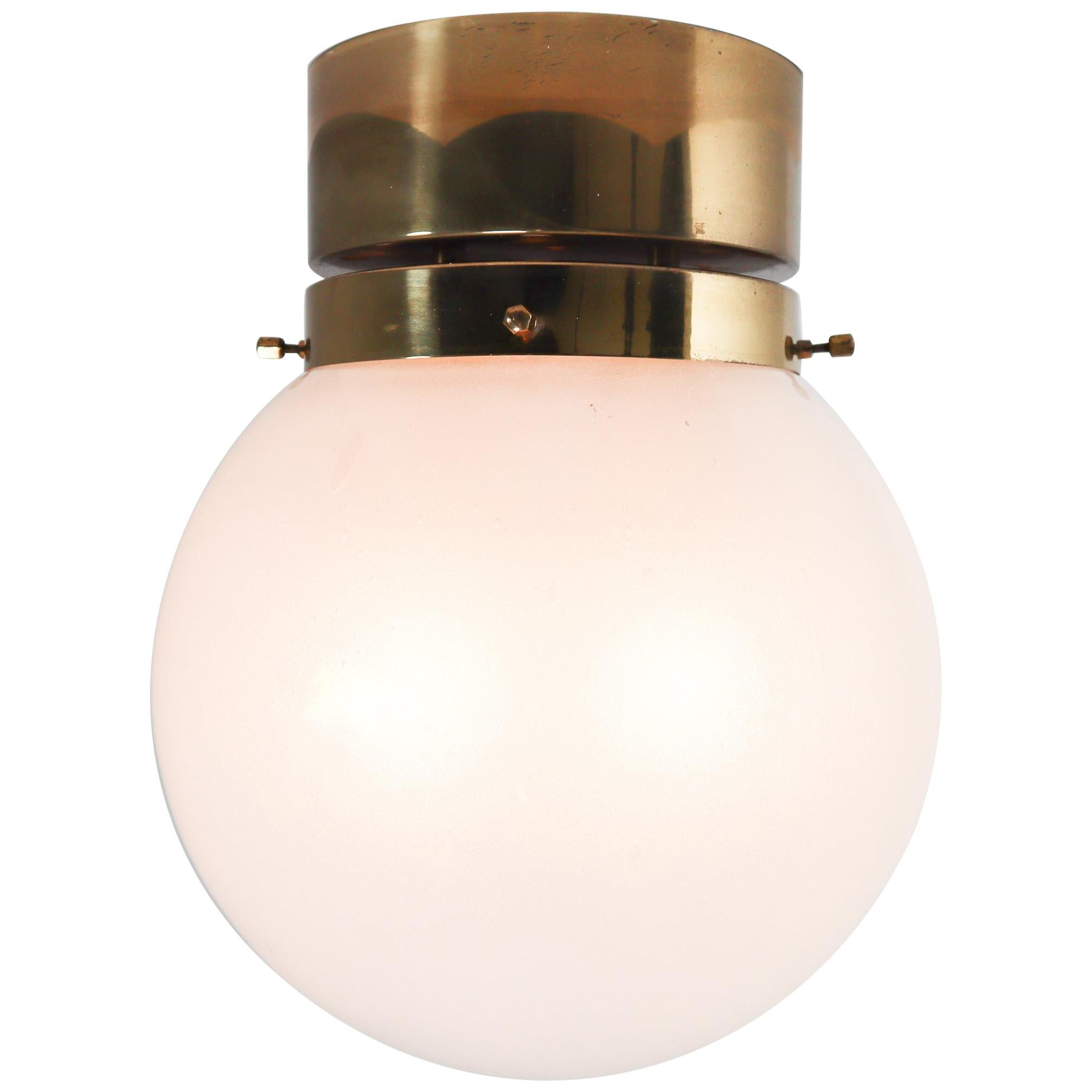 Midcentury Ceiling Light with Brass Frame and White Frosted Glass Globe, 1960s