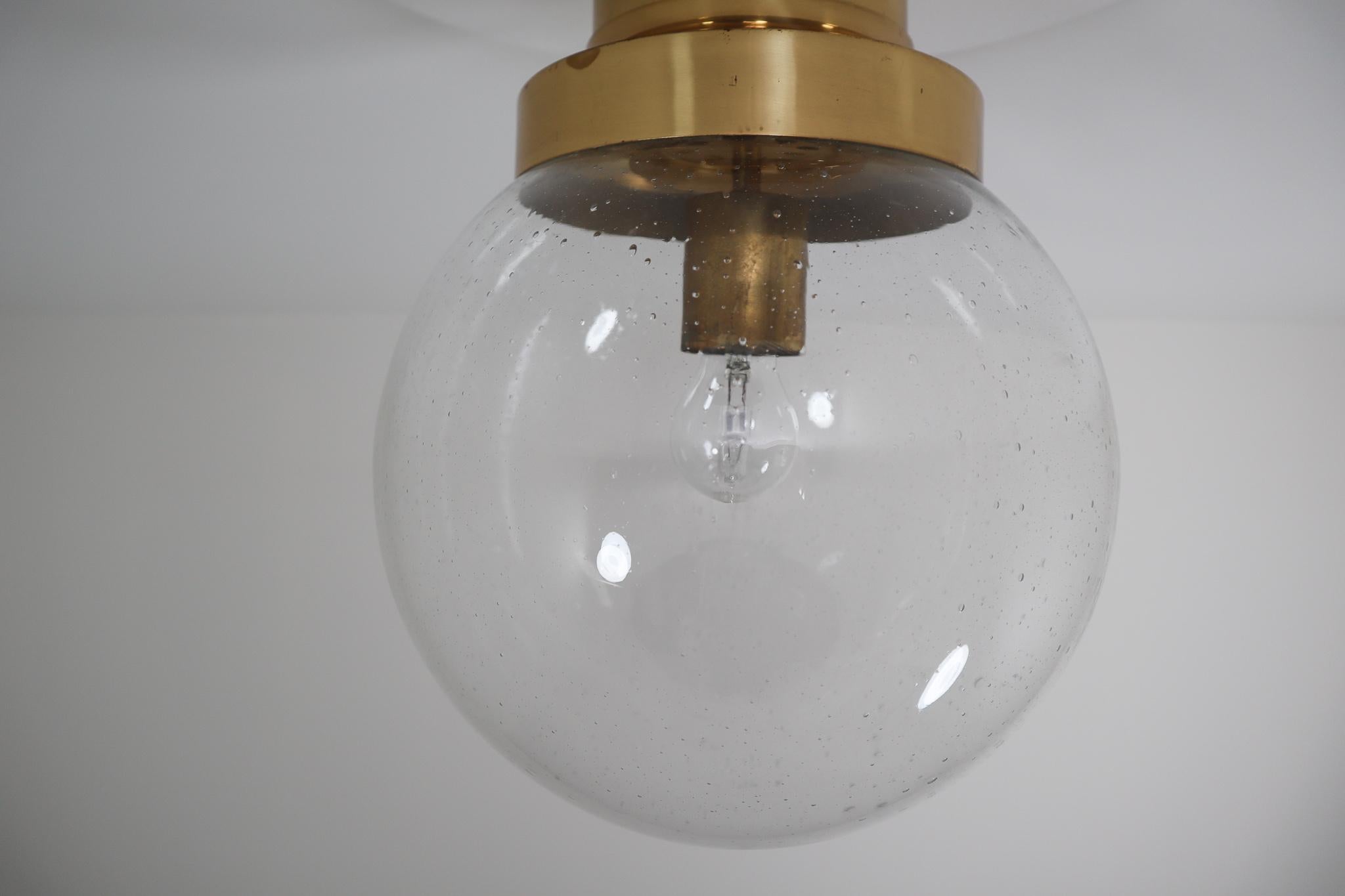 Mid-Century Modern Midcentury Ceiling Light with Brass Frame and Large Hand Blown Glass Globe 1960s For Sale