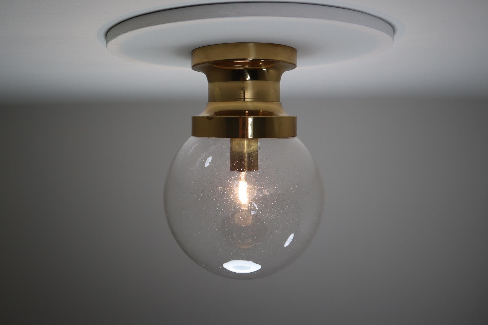 Midcentury Ceiling Light with Brass Frame and Large Hand Blown Glass Globe 1960s In Good Condition For Sale In Almelo, NL