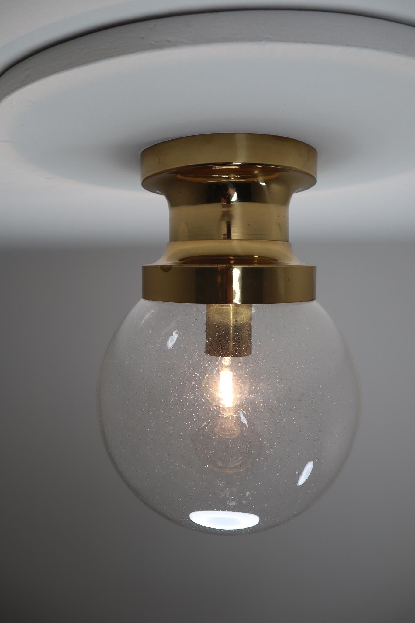 20th Century Midcentury Ceiling Light with Brass Frame and Large Hand Blown Glass Globe 1960s For Sale