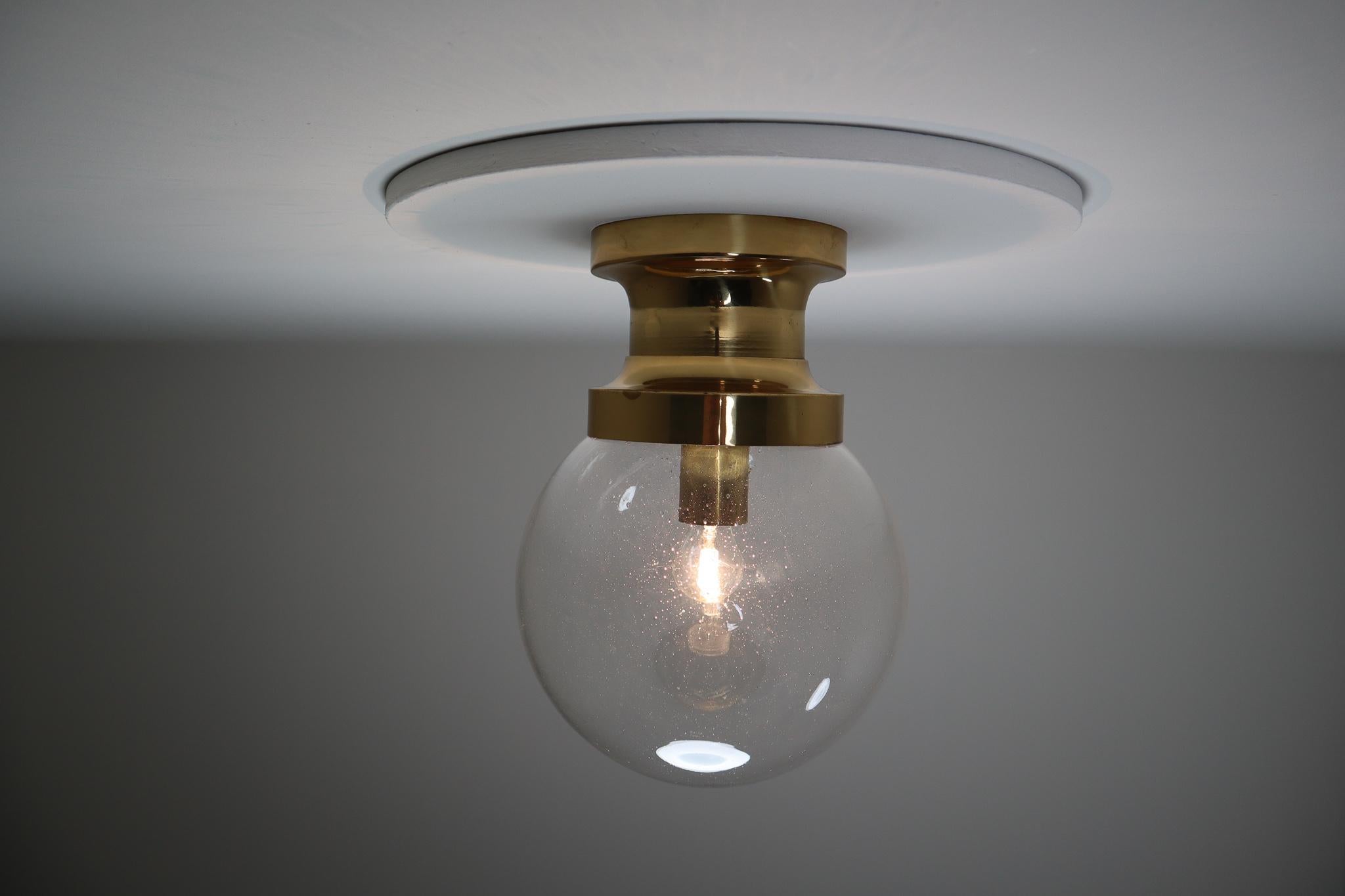 Midcentury Ceiling Light with Brass Frame and Large Hand Blown Glass Globe 1960s For Sale 1