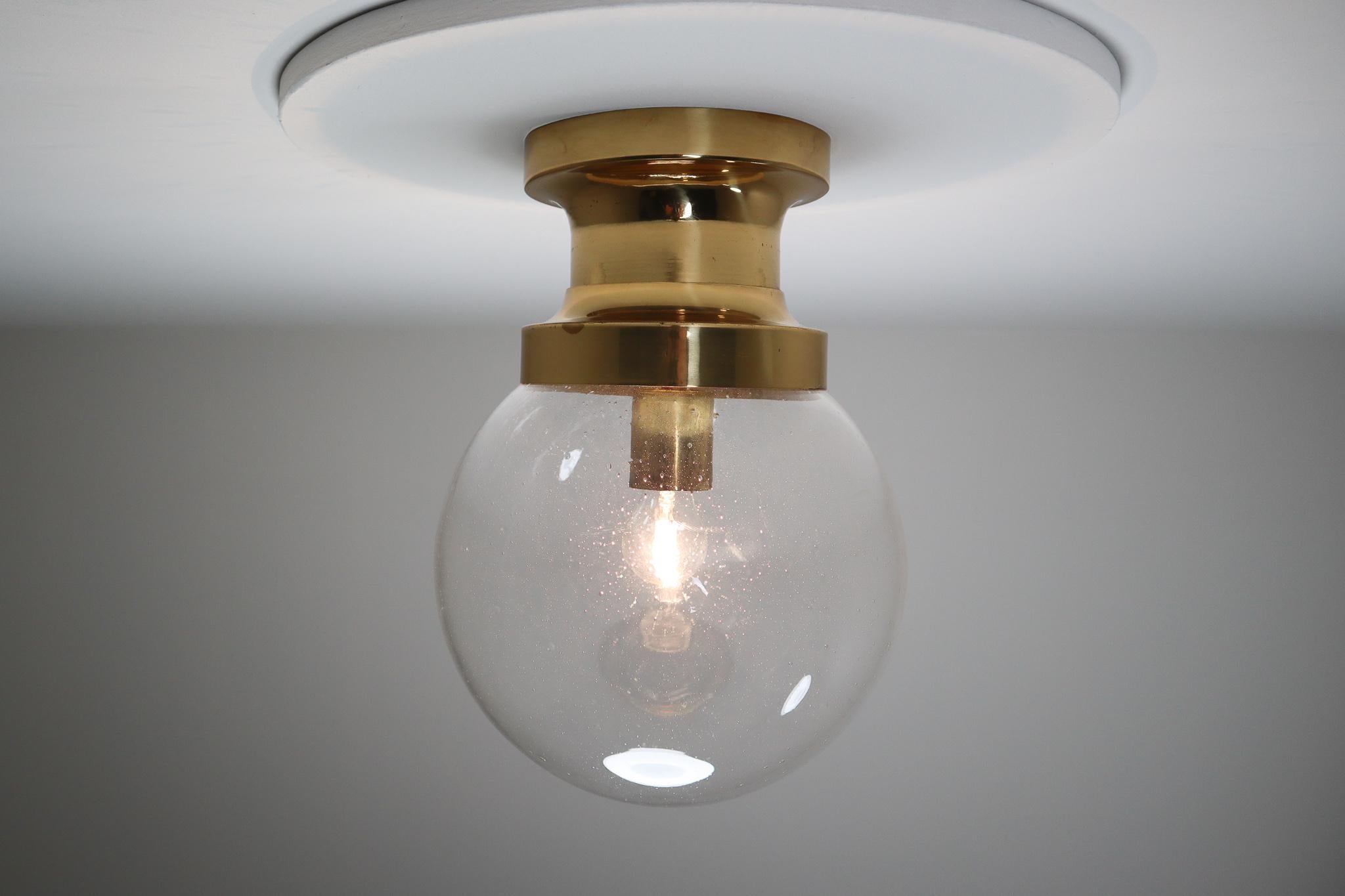 Midcentury Ceiling Light with Brass Frame and Large Hand Blown Glass Globe 1960s For Sale 2