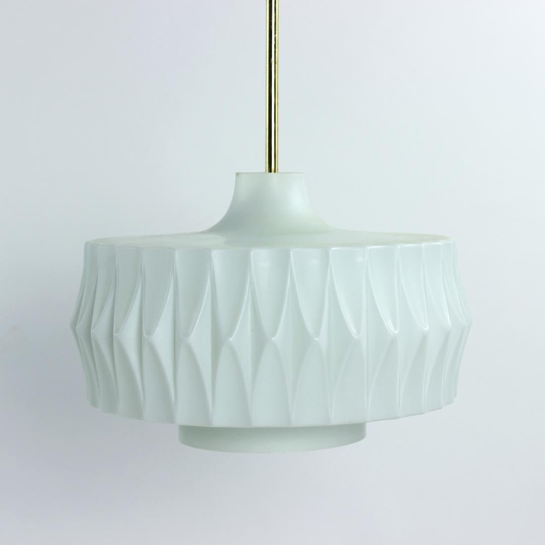 Mid-Century Modern Midcentury Ceiling Pendant in White Glass and Brass, Czechoslovakia, 1960s For Sale
