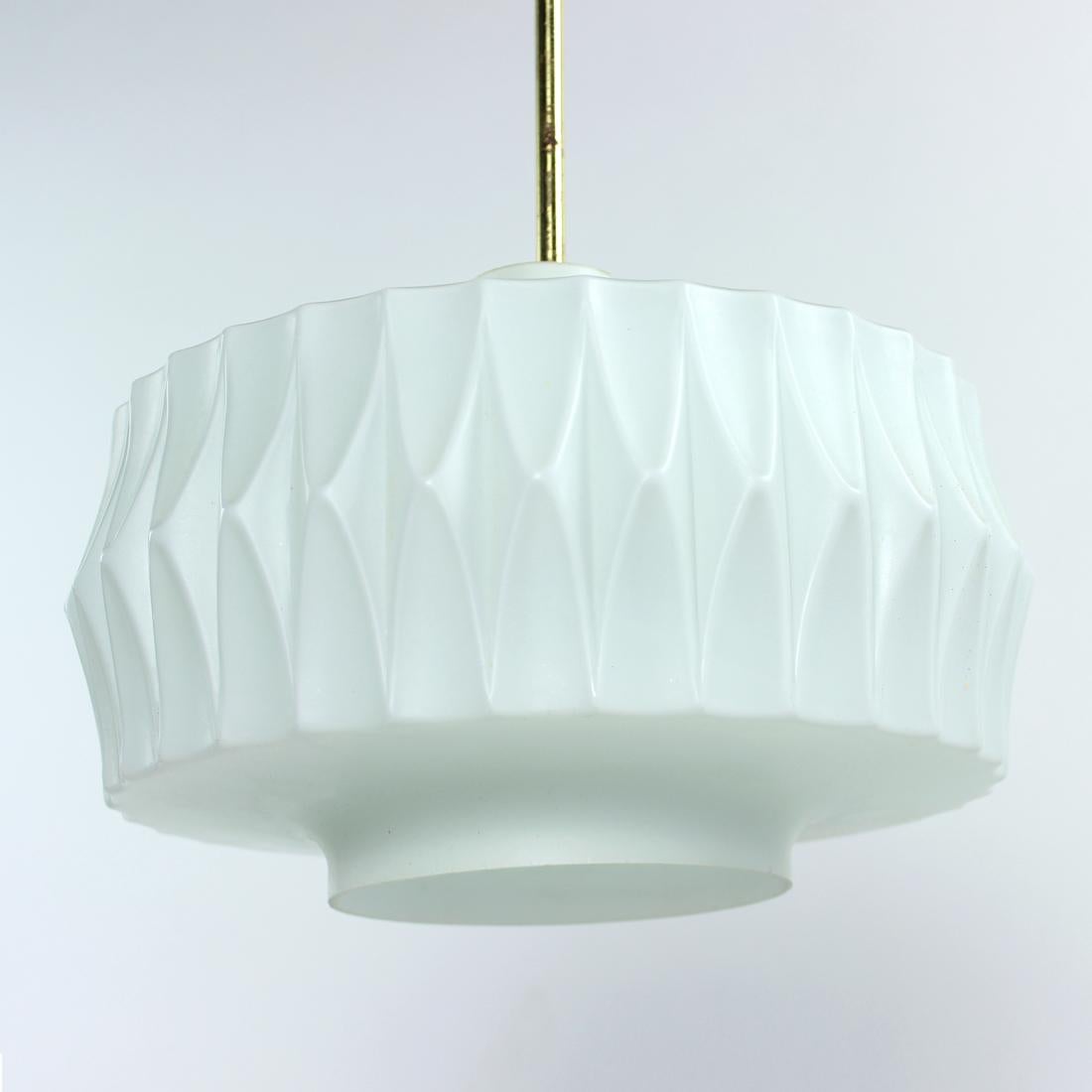 Mid-20th Century Midcentury Ceiling Pendant in White Glass and Brass, Czechoslovakia, 1960s For Sale