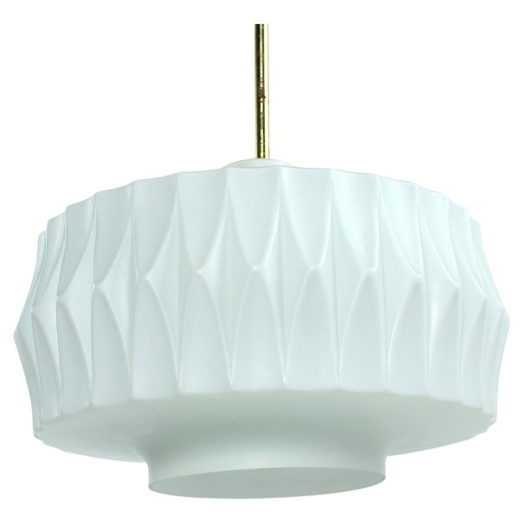 Midcentury Ceiling Pendant in White Glass and Brass, Czechoslovakia, 1960s For Sale