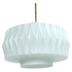 Vintage Midcentury Ceiling Pendant in White Glass and Brass, Czechoslovakia, 1960s
