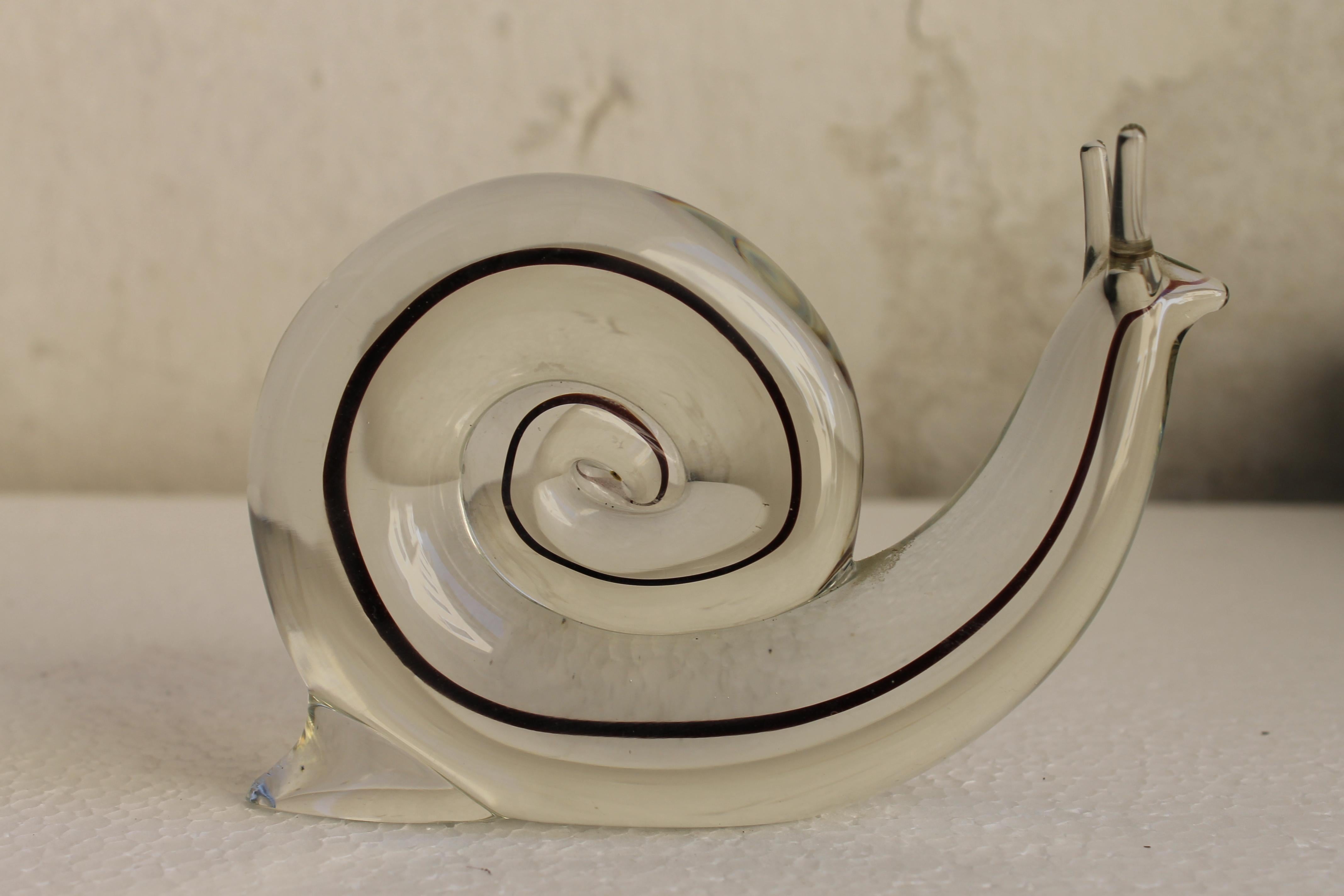 Italian Mid Century Cenedese Snail Sculpture Paperweight Sommerso Murano Clear Glass For Sale