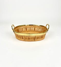Midcentury Centerpiece Basket Rattan and Brass, Italy 1970s