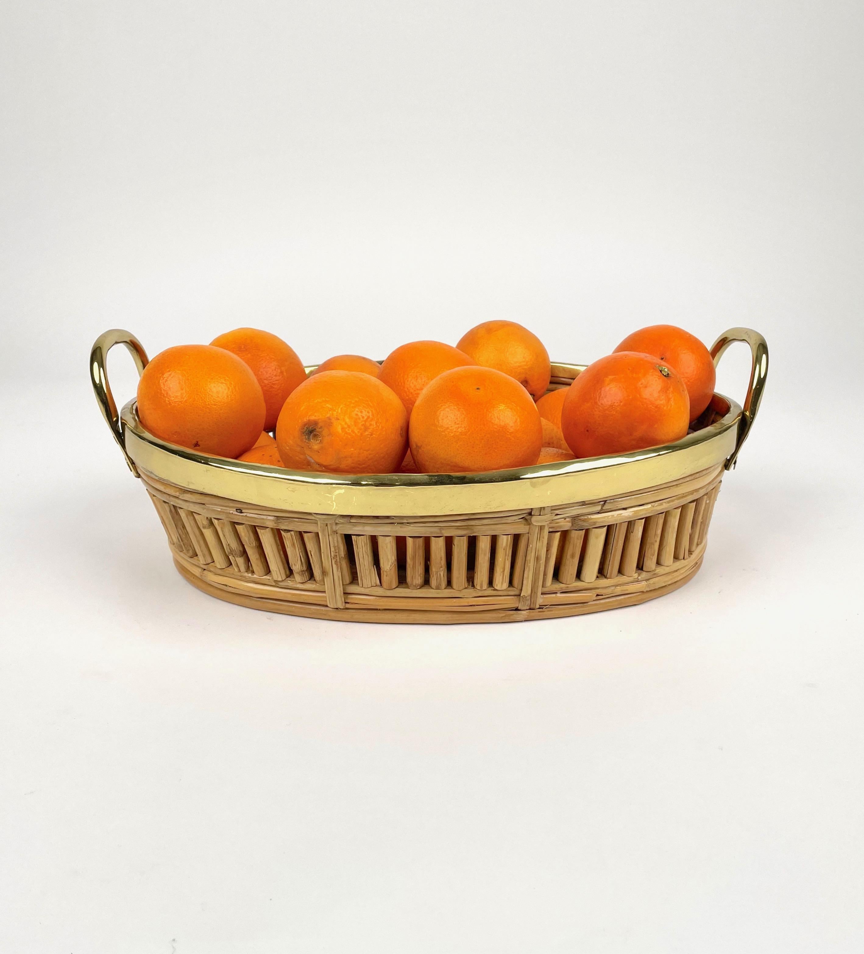 Late 20th Century Midcentury Centerpiece Basket Rattan and Brass, Italy 1970s For Sale