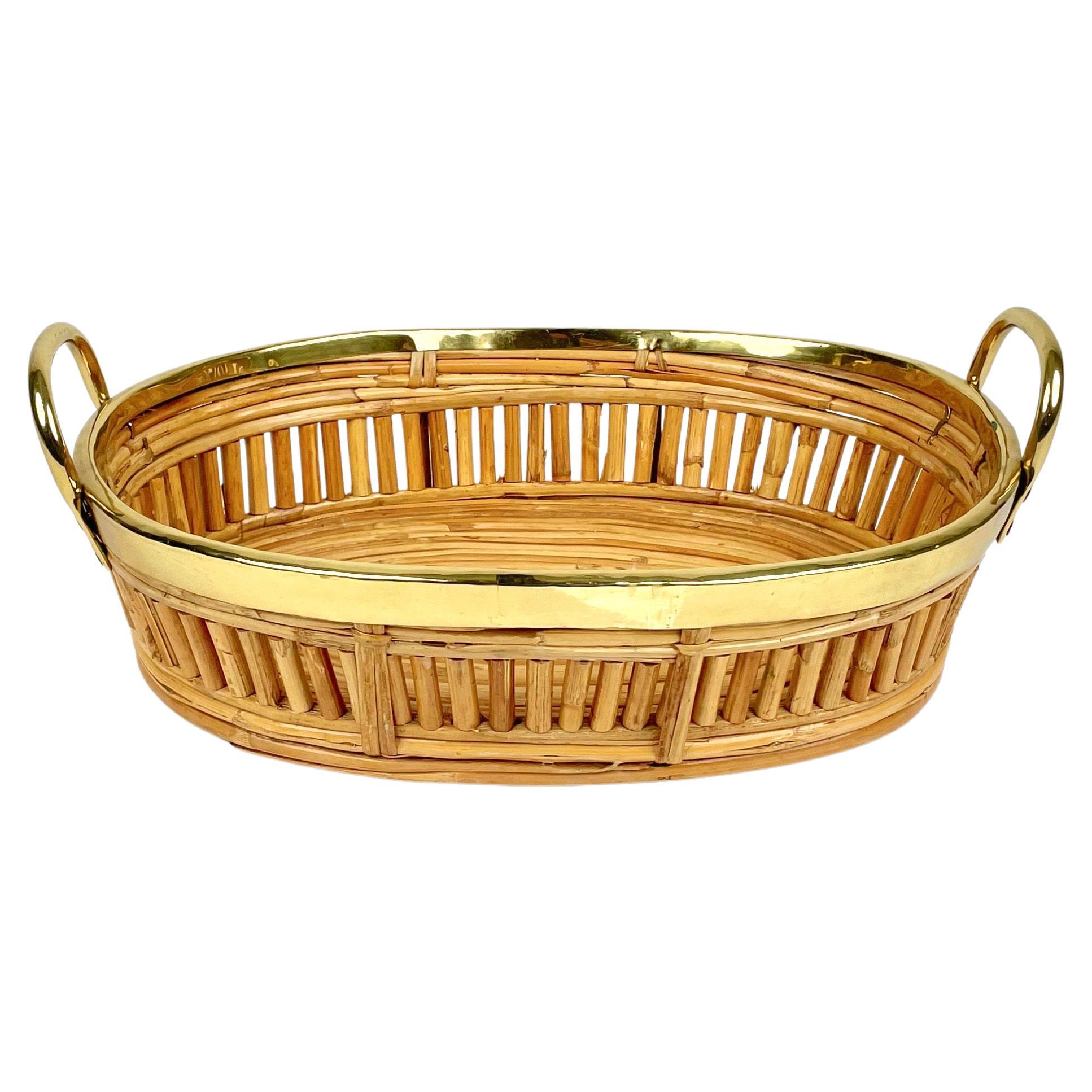 Midcentury Centerpiece Basket Rattan and Brass, Italy 1970s For Sale