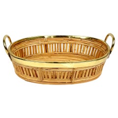 Midcentury Centerpiece Basket Rattan and Brass, Italy 1970s