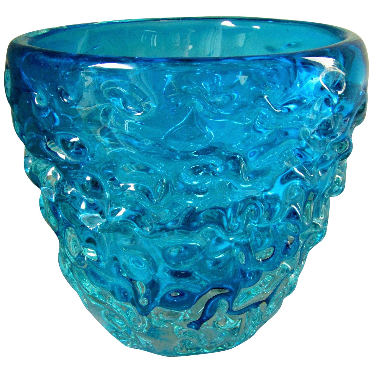Midcentury Centerpiece Bowl Vase Champagne Cooler Blue Murano Glass, Italy, 1960