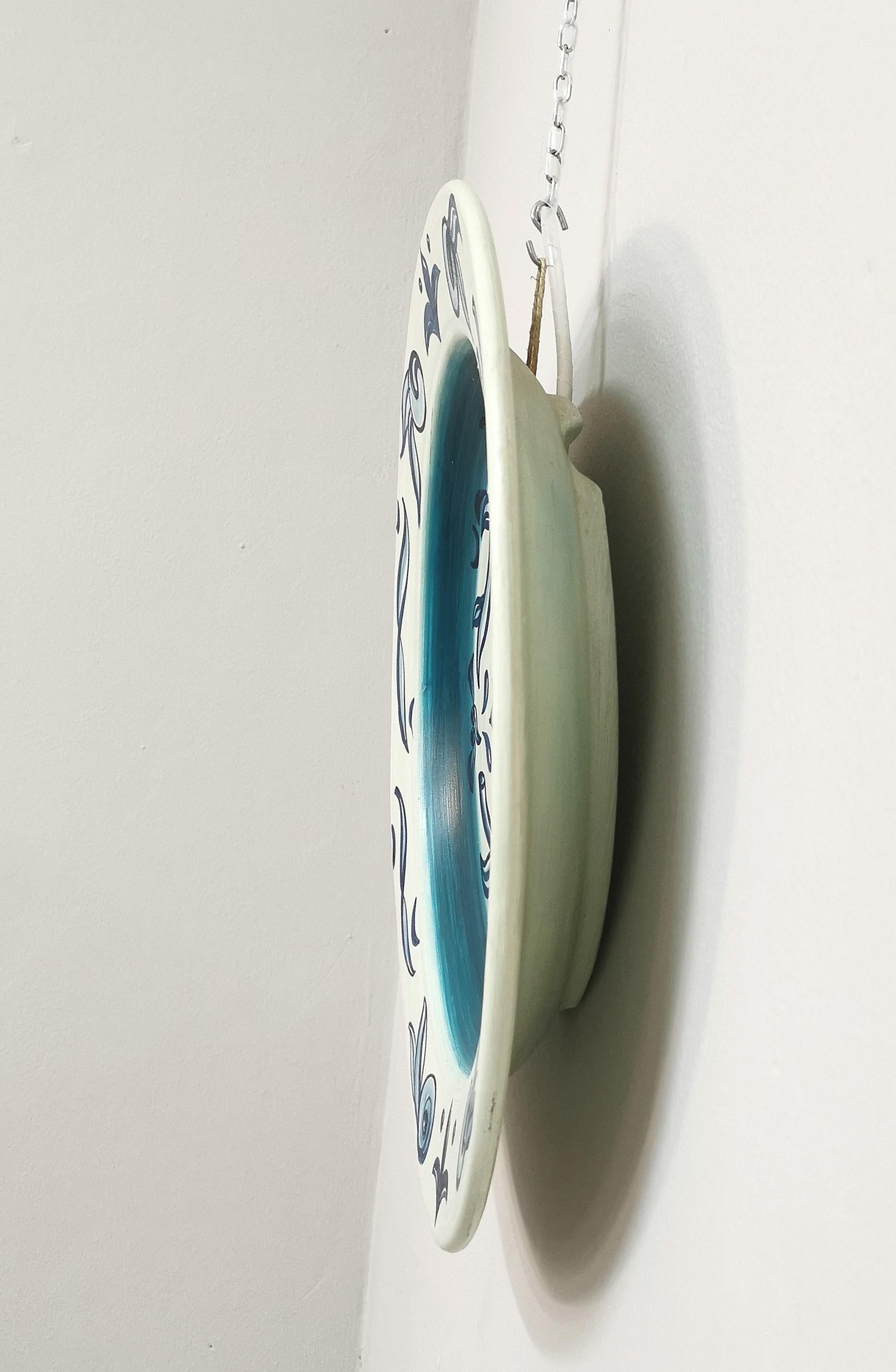 Hand-Painted Midcentury Centerpiece Faience Serveware Plate Round Blue Italian Design 1960s