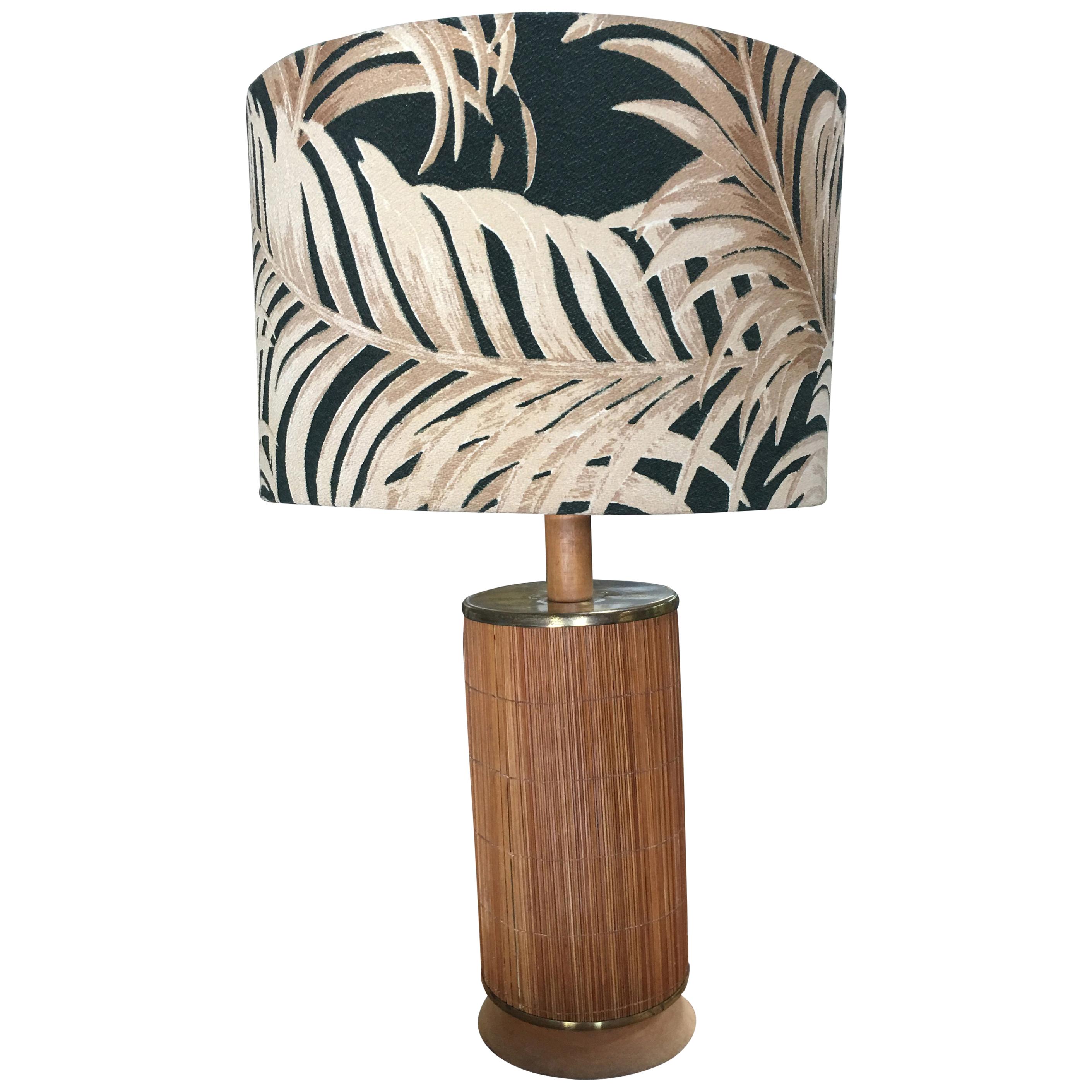 Midcentury Century Bamboo Tropical Lamp with Fabric Palm Leaf Shade
