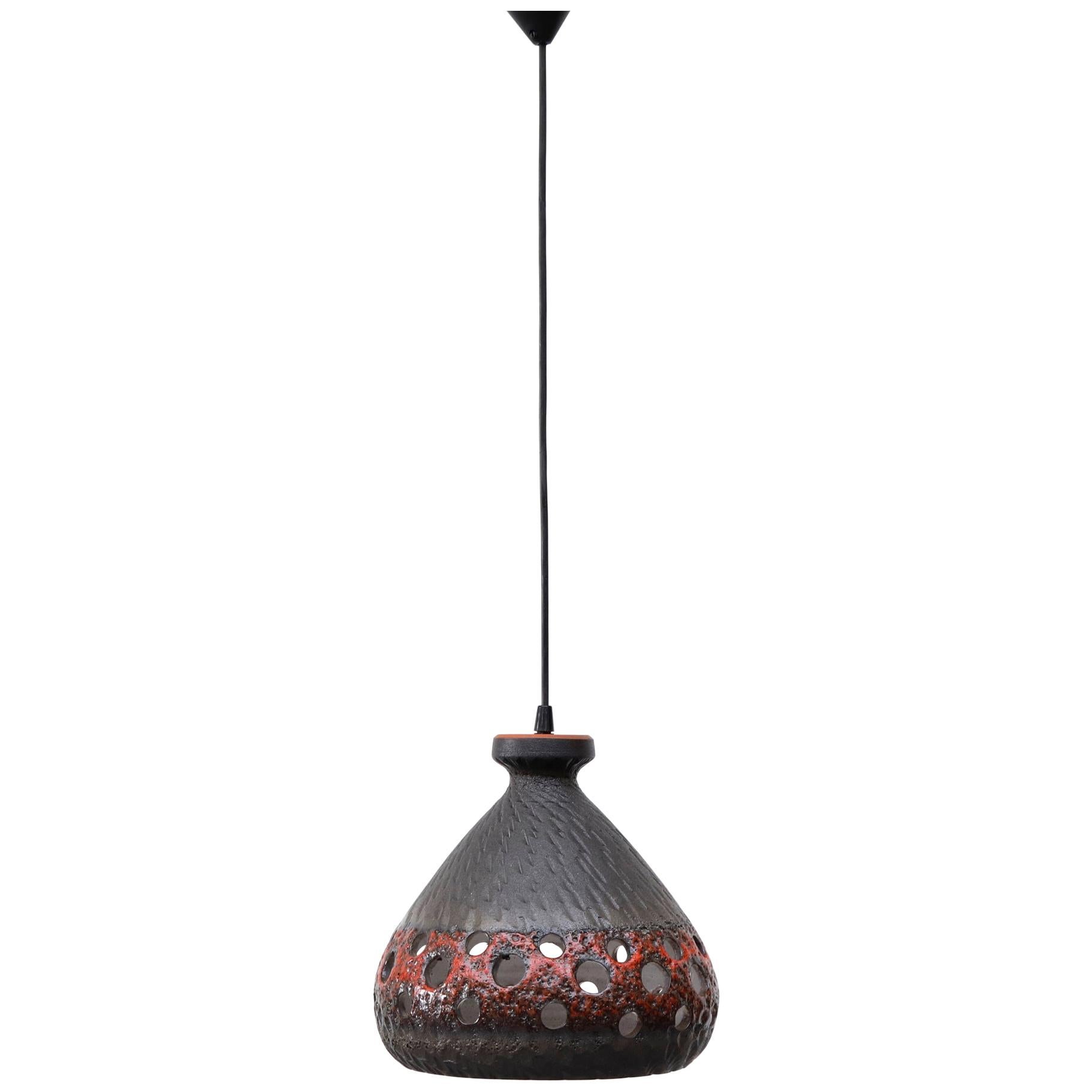 Mid-Century Ceramic Bell Shaped Red & Gray Lava Glaze Pendant Light w/ Cut-Outs For Sale