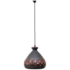 Mid-Century Ceramic Bell Shaped Red & Gray Lava Glaze Pendant Light w/ Cut-Outs