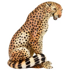 Vintage Midcentury Ceramic cheetah leopard sculpture by Giovanni Ronzan, Italy, 1960