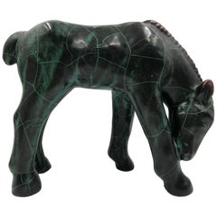 Midcentury Ceramic Horse Sculpture Dark Green Crackle Glazed