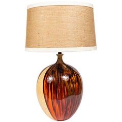 Midcentury Ceramic Lamp in Drip Glaze in Browns and Orange with Custom Shade
