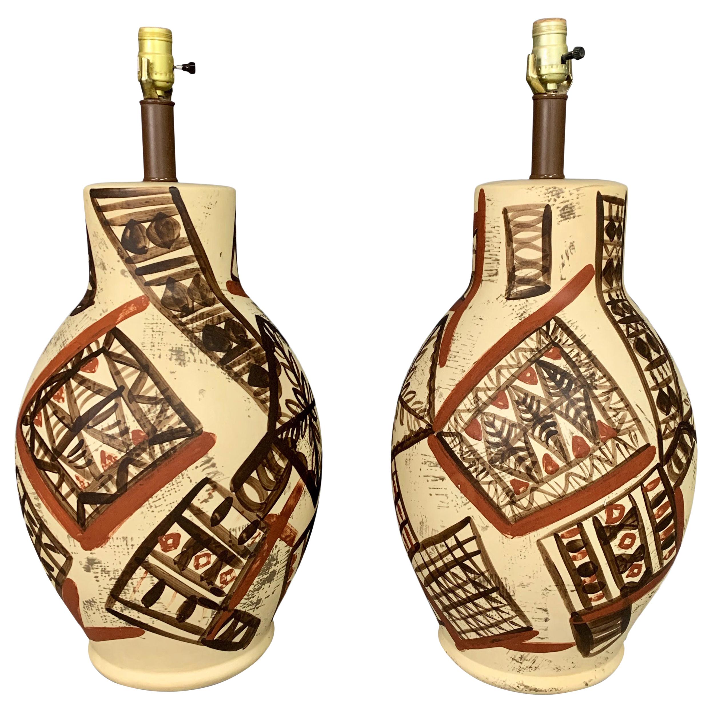 Mid-Century Ceramic Lamps Hand Painted in the Manner of Picasso