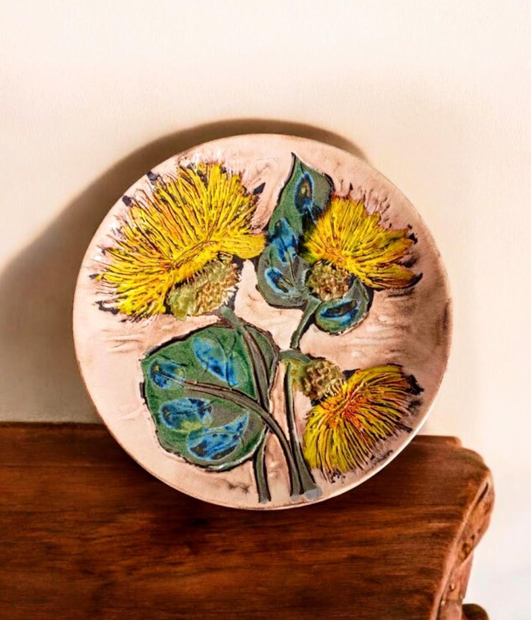 Plato de cerámica de Ruscha de mediados de siglo, decoración de flores estilo Van Gogh, Alemania años 50 en venta 2