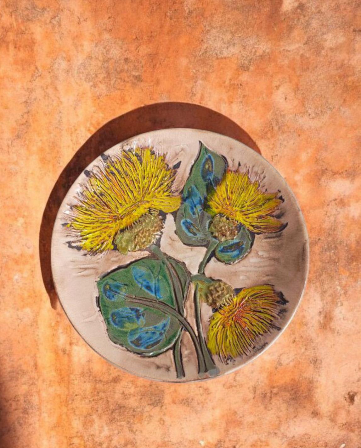 Plato de cerámica de Ruscha de mediados de siglo, decoración de flores estilo Van Gogh, Alemania años 50 Moderno de mediados de siglo en venta