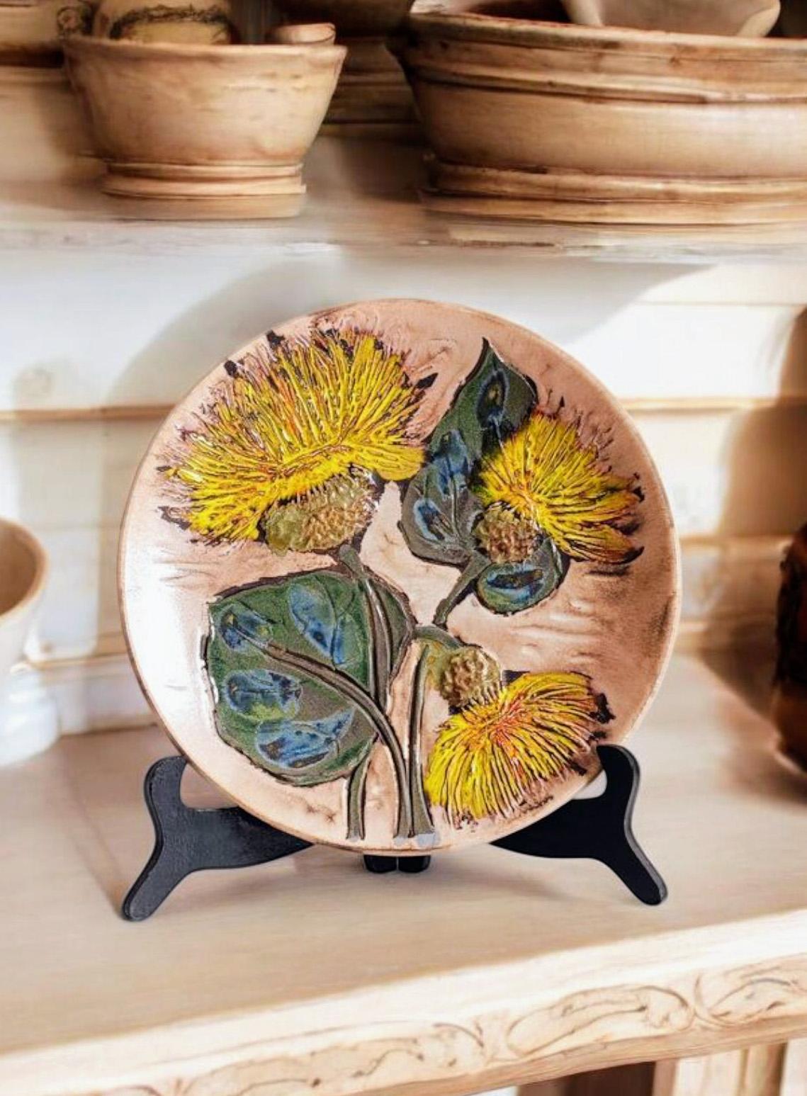 Plato de cerámica de Ruscha de mediados de siglo, decoración de flores estilo Van Gogh, Alemania años 50 Glaseado en venta