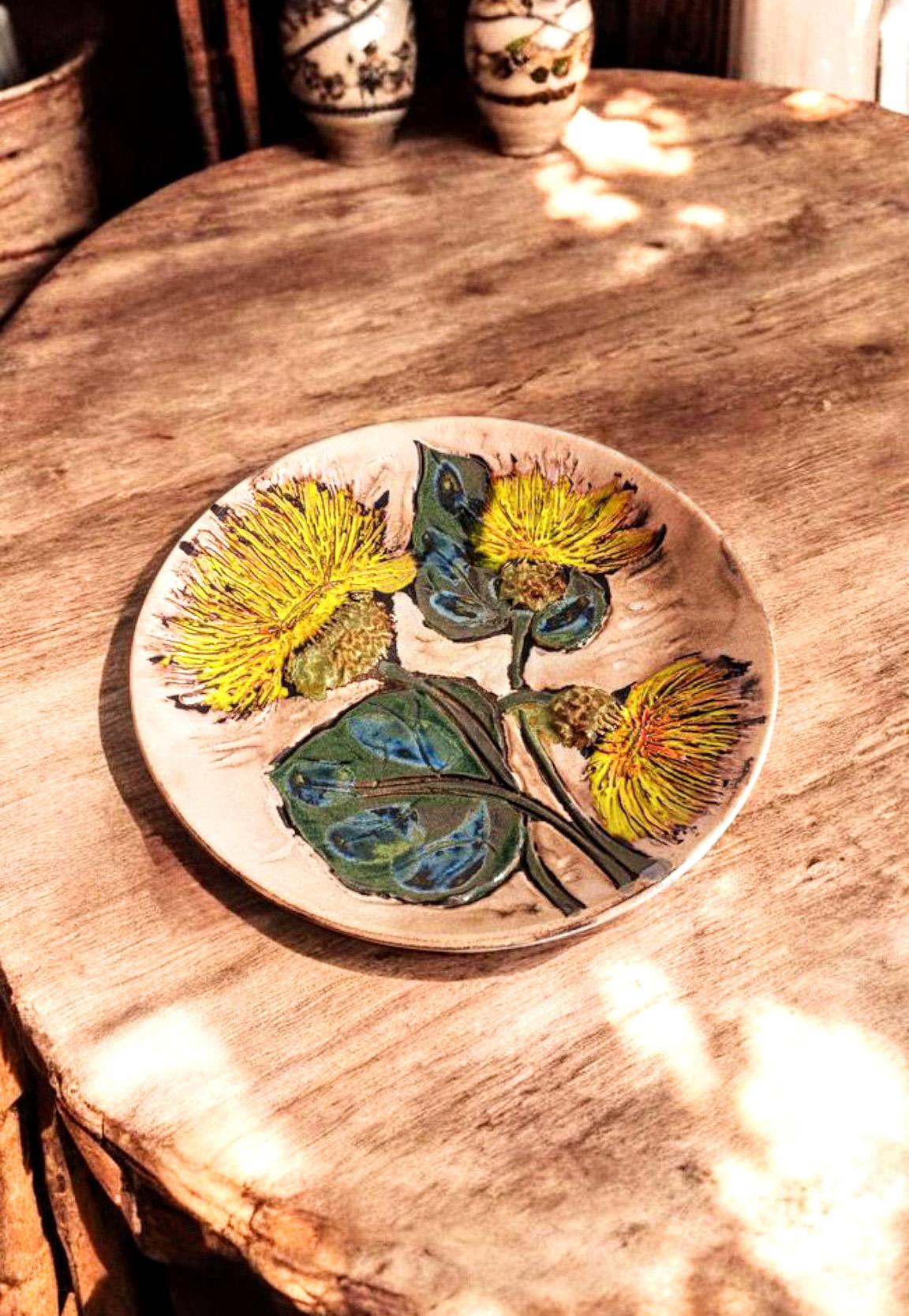 Plato de cerámica de Ruscha de mediados de siglo, decoración de flores estilo Van Gogh, Alemania años 50 siglo XX en venta
