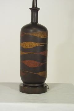 Midcentury Ceramic Snake Skin Pattern Brown Lamp on Wood Base