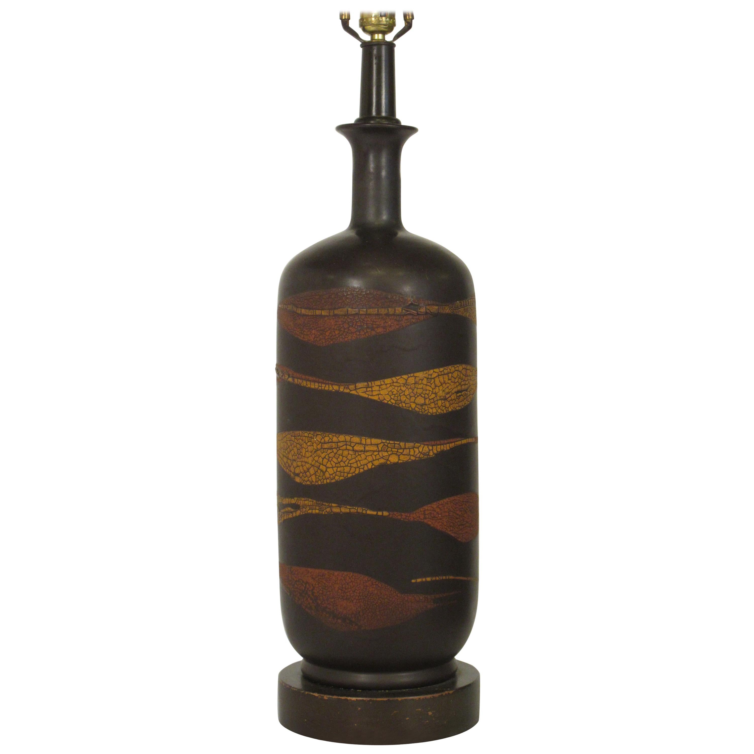 Midcentury Ceramic Snake Skin Pattern Brown Lamp on Wood Base For Sale