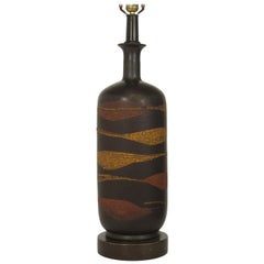 Midcentury Ceramic Snake Skin Pattern Brown Lamp on Wood Base