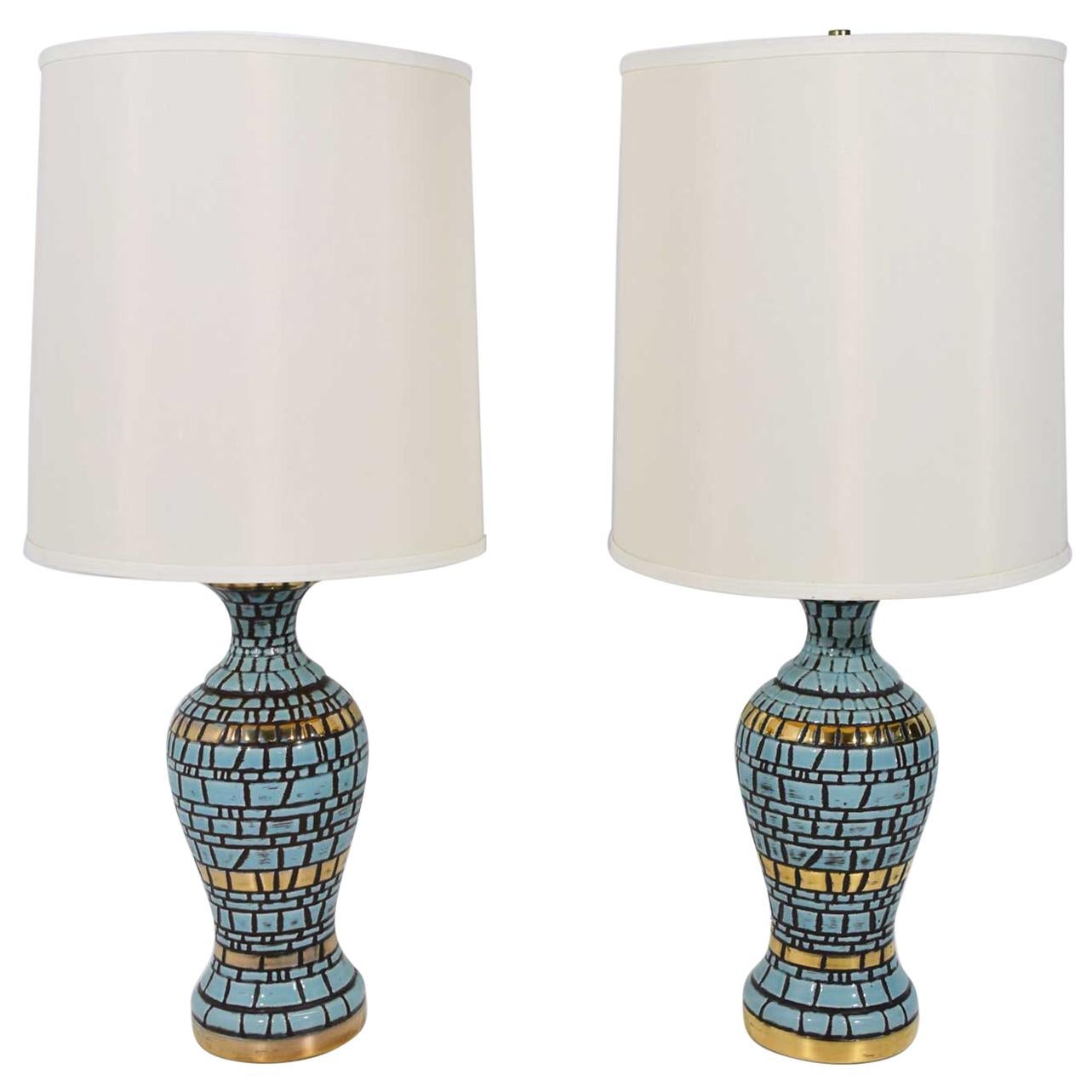 Midcentury Ceramic Tiled Lamps in Turquoise and Gold