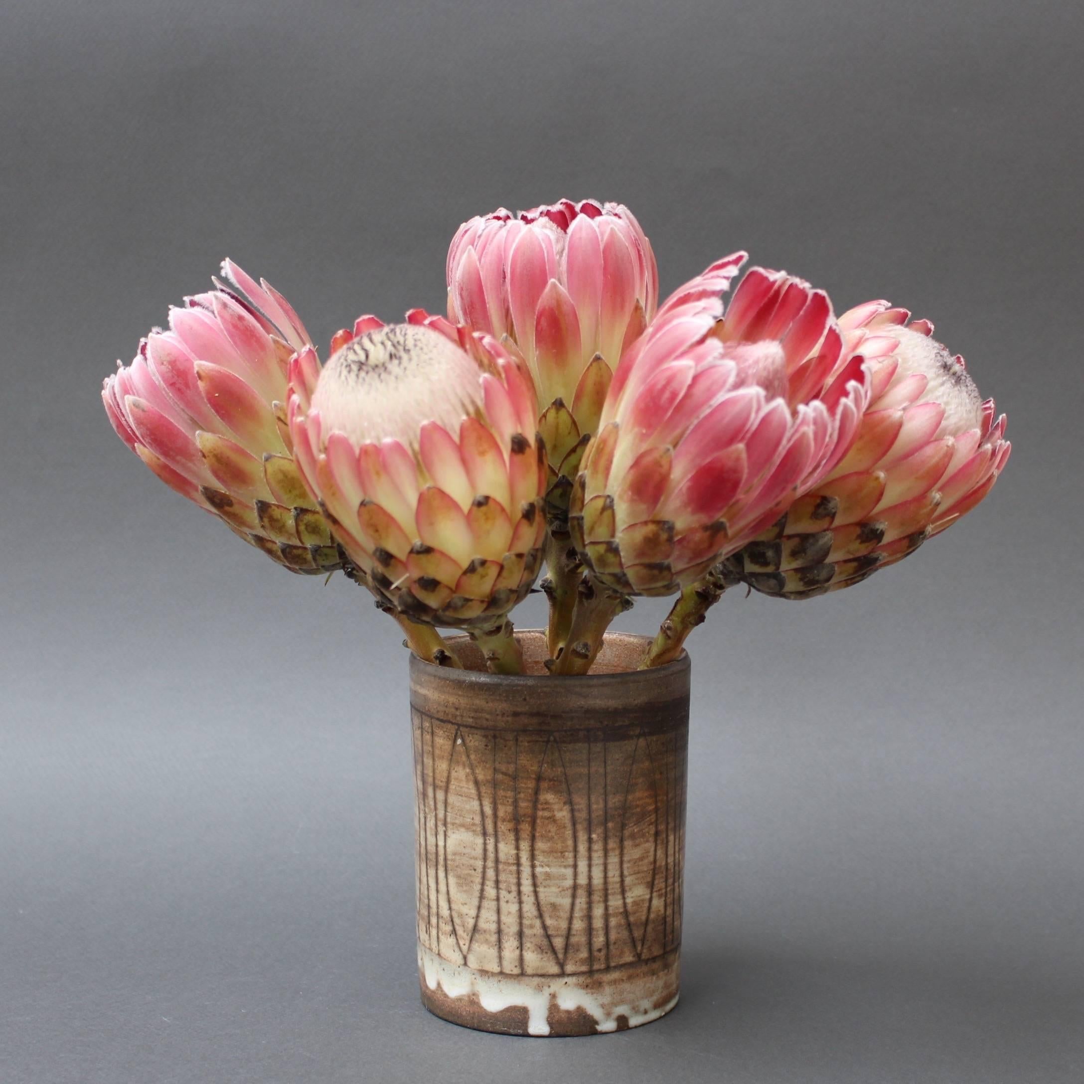 Keramikvase aus der Jahrhundertmitte von Jacques Pouchain / Atelier Dieulefit. Klassische zylindrische Vase im für Pouchain typischen Stil der Wolkenglasur. Pouchain verwendet ein zeitgenössisches Motiv auf dem Vasenkörper und einen Tropfeffekt, der