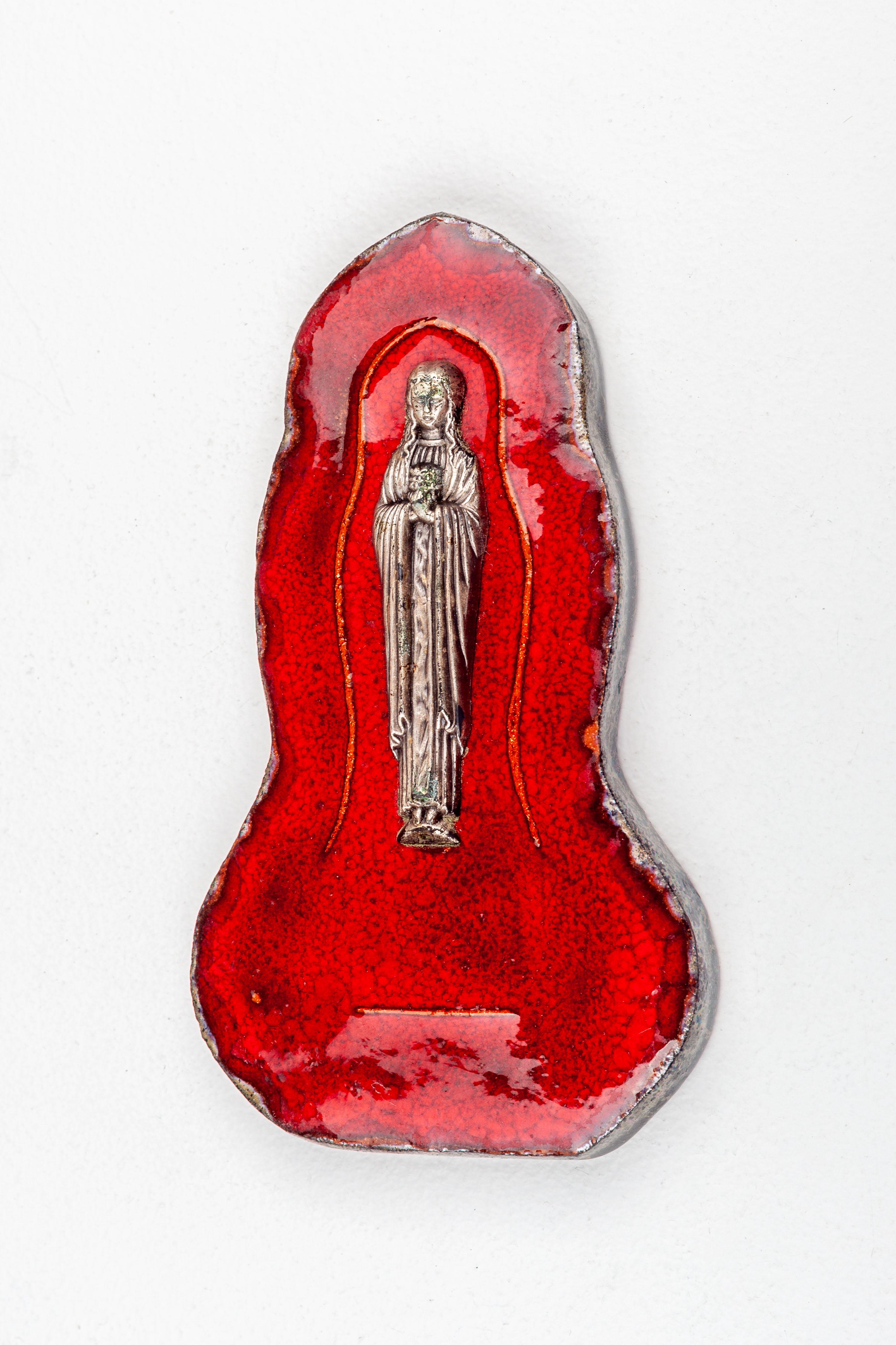 Midcentury Ceramic Wall Plaque with Metal Virgin Mary, European Studio Pottery For Sale 5