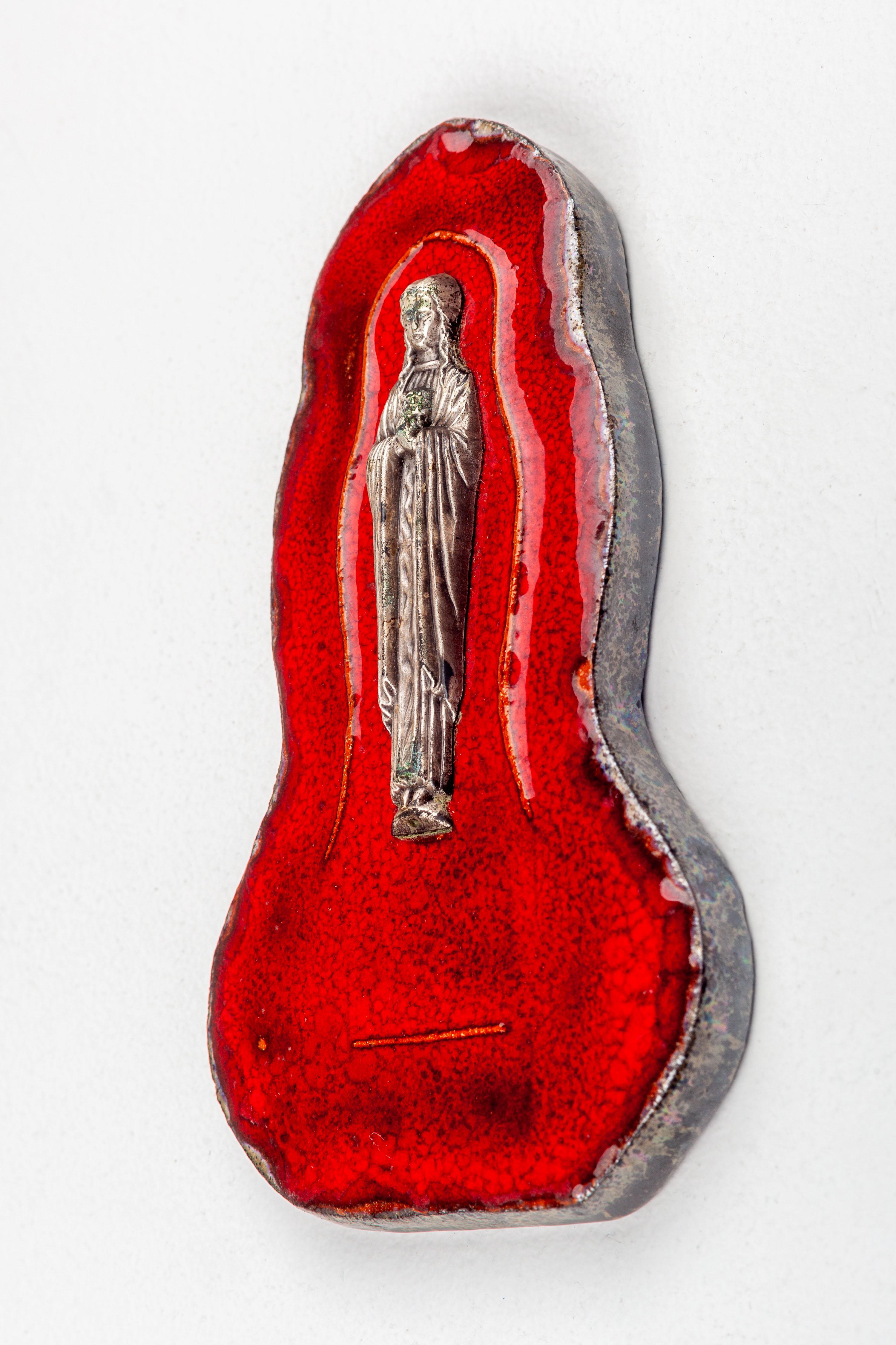 Midcentury Ceramic Wall Plaque with Metal Virgin Mary, European Studio Pottery For Sale 6