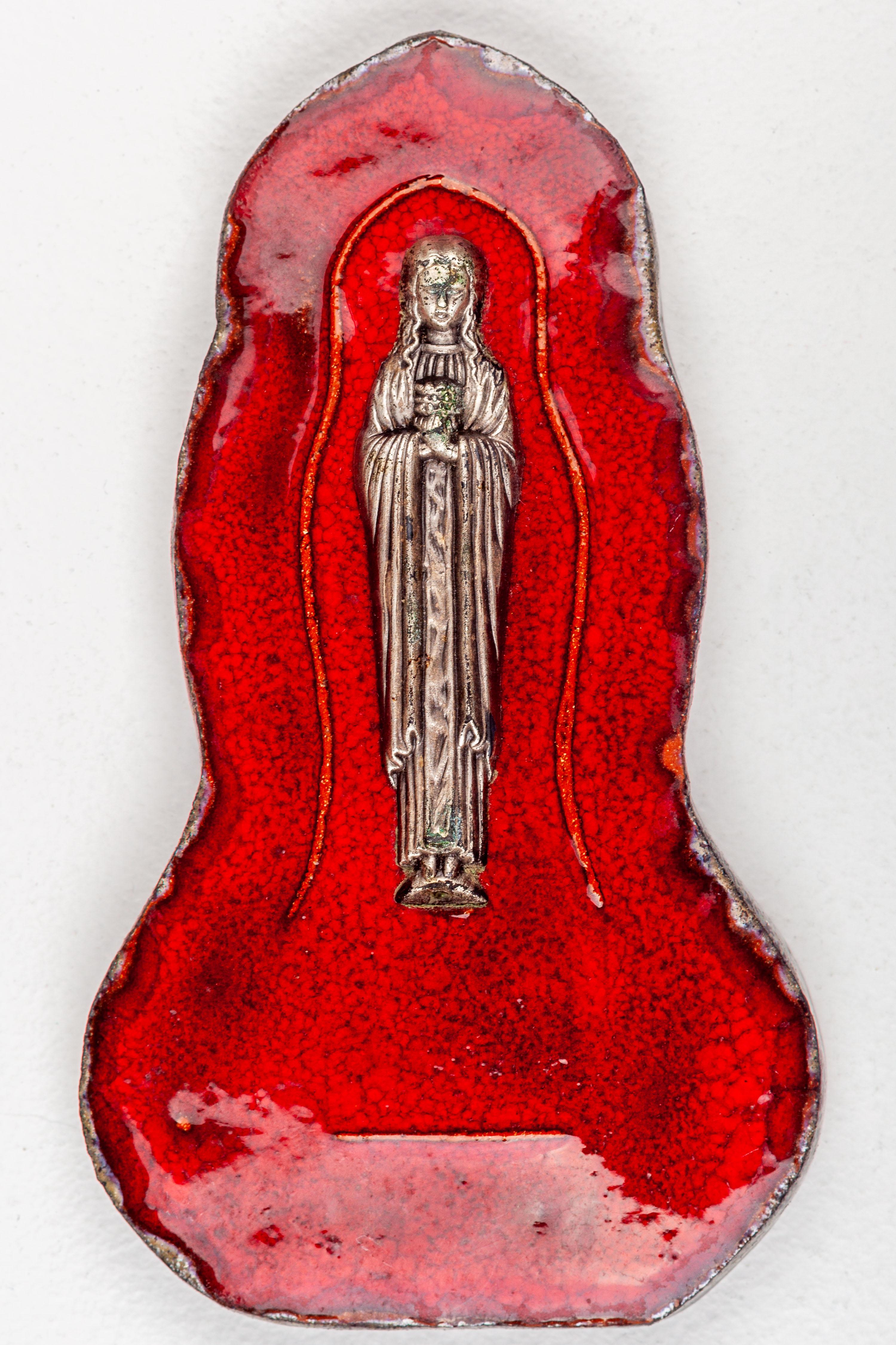 Midcentury Ceramic Wall Plaque with Metal Virgin Mary, European Studio Pottery For Sale 4