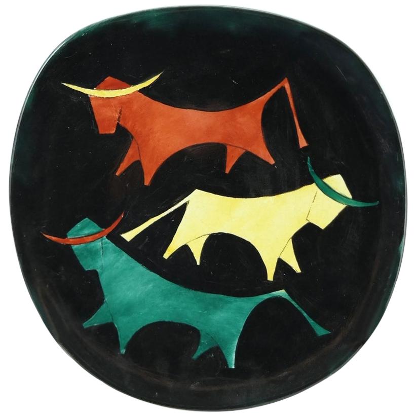 Midcentury Ceramic Wall Plate with Bulls Motif, 1970s