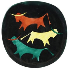 Midcentury Ceramic Wall Plate with Bulls Motif, 1970s