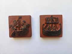 Midcentury Ceramics Tiles, Viking Motifs, Thyssen, Denmark, 1960s, Set of 2