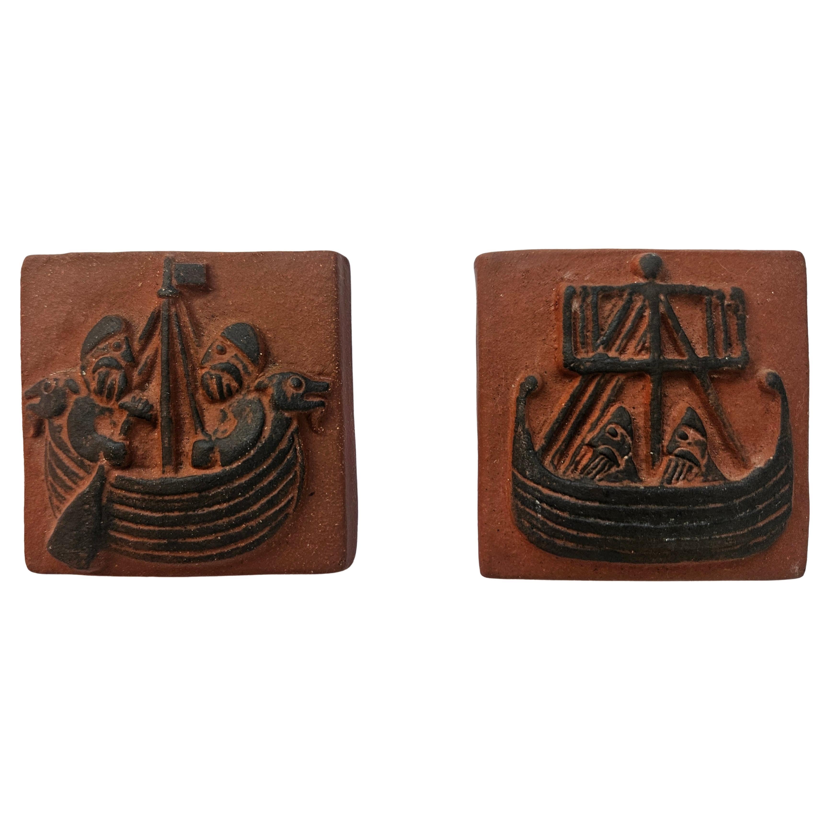 Carreaux de céramique du milieu du siècle, motifs vikings, Thyssen, Danemark, 1960, ensemble de 2