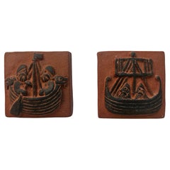 Midcentury Ceramics Tiles, Viking Motifs, Thyssen, Denmark, 1960s, Set of 2