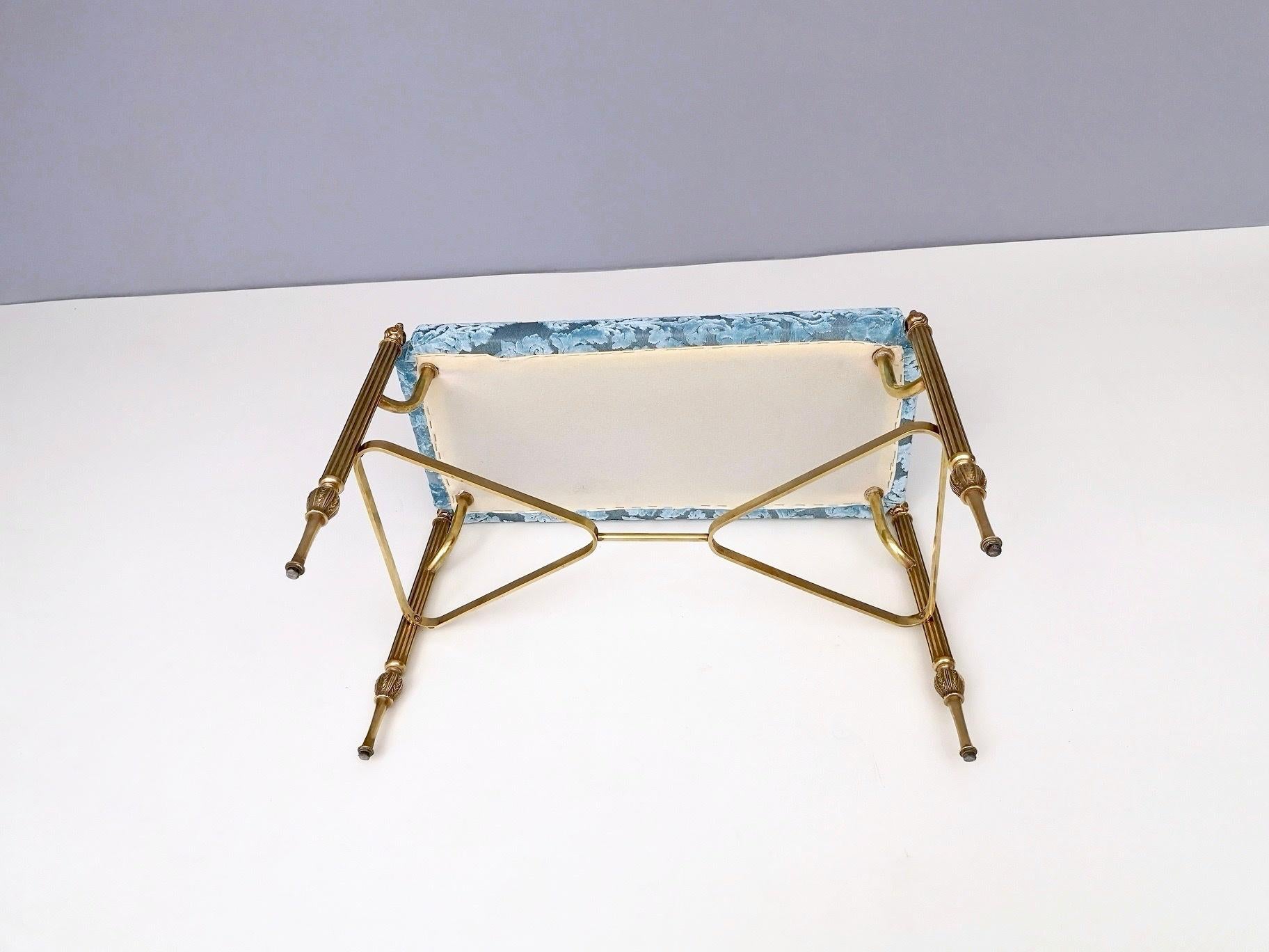 Midcentury Cerulean Blue Velvet Ottoman with Brass Legs, Italy, 1950s 4