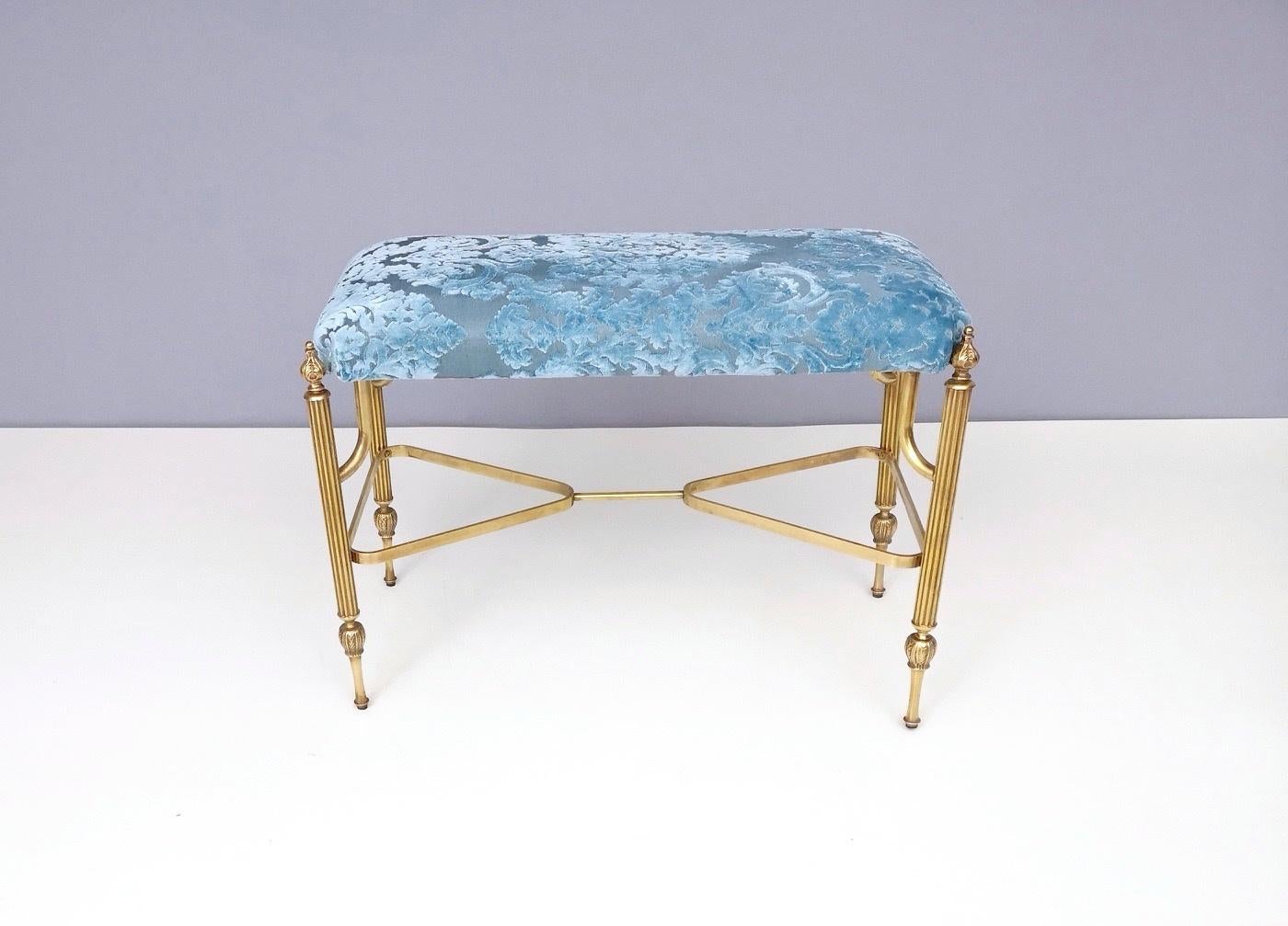 Mid-Century Modern Midcentury Cerulean Blue Velvet Ottoman with Brass Legs, Italy, 1950s