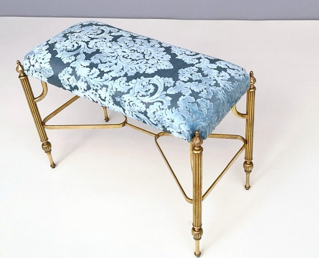 Midcentury Cerulean Blue Velvet Ottoman with Brass Legs, Italy, 1950s 2