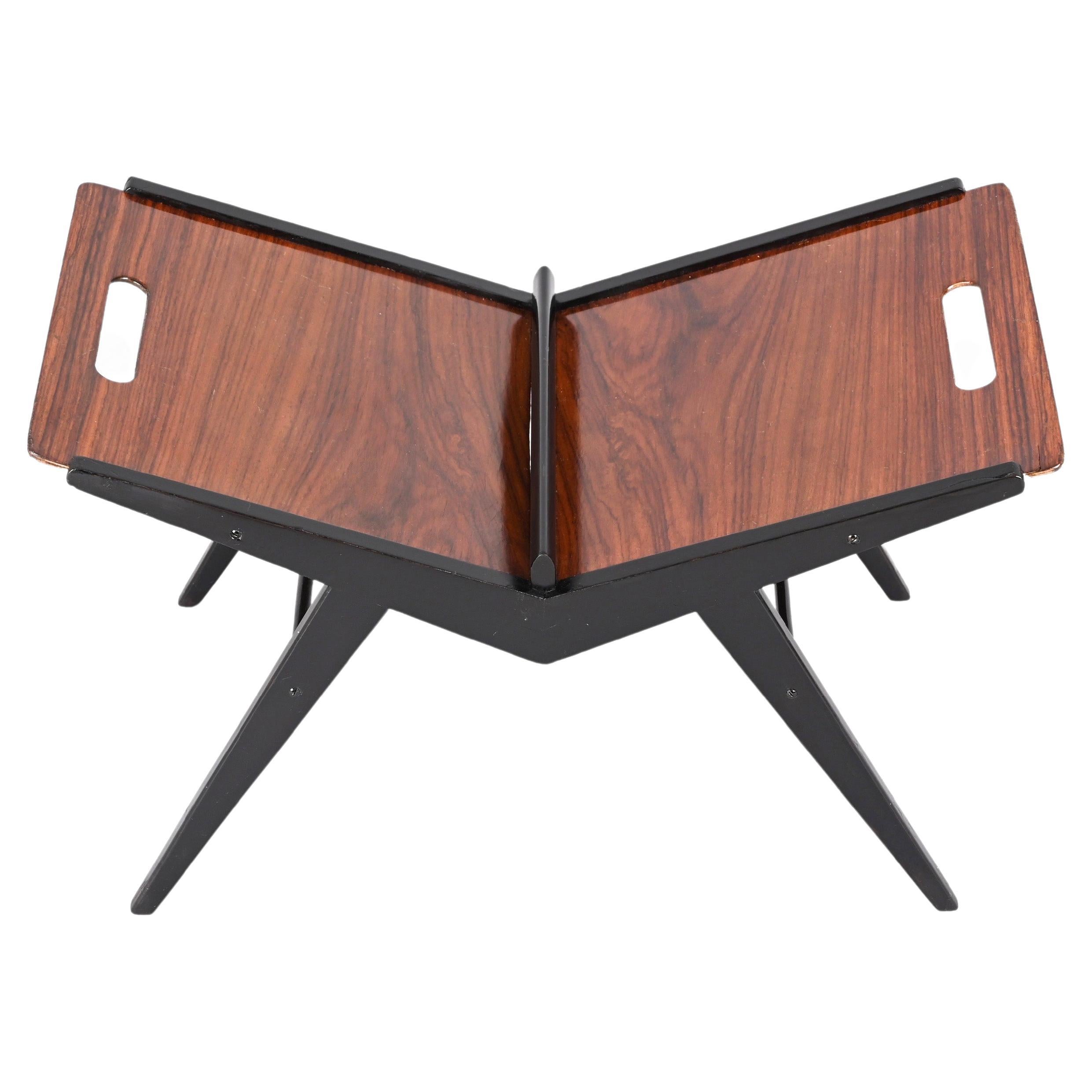 Mid-Century Cesare Lacca Black Lacquered Beech Wood Italian Magazine Rack, 1950s For Sale