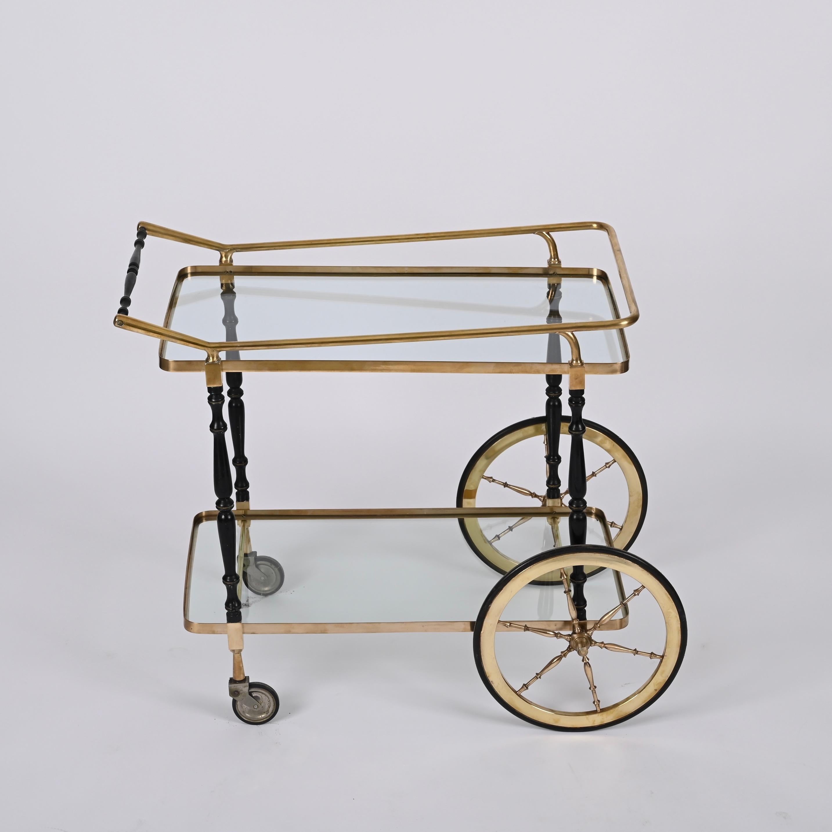 Midcentury Cesare Lacca Brass and Black Lacquer Wood Italian Bar Cart, 1950s For Sale 5