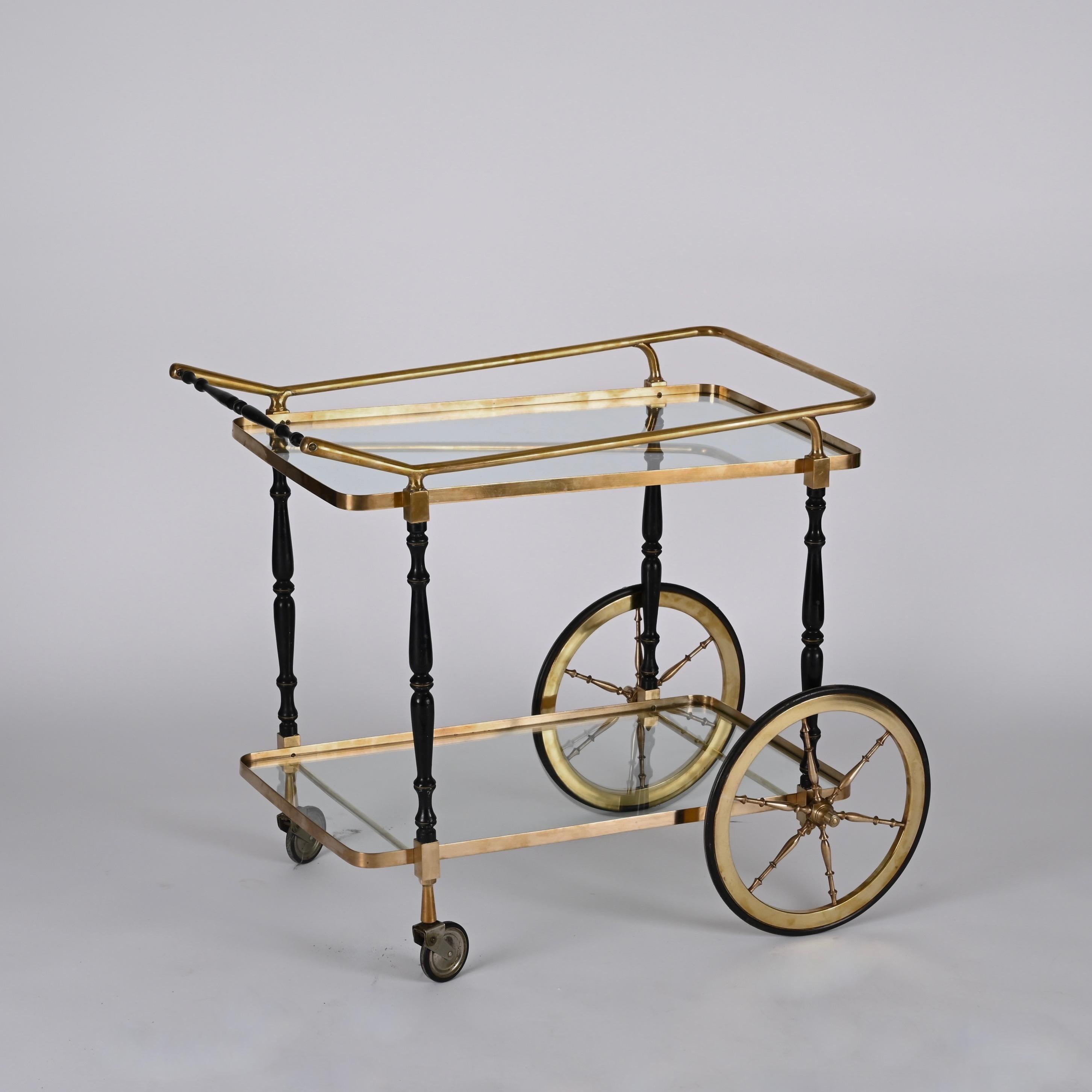 Midcentury Cesare Lacca Brass and Black Lacquer Wood Italian Bar Cart, 1950s For Sale 9